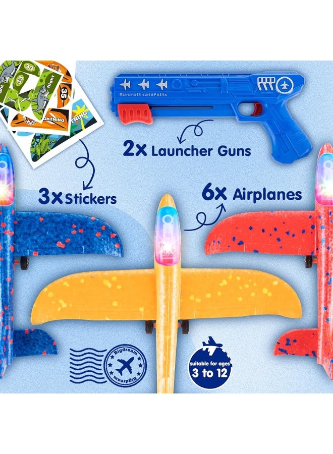 6 Pack LED Airplane Launcher Toys with 2 Launchers, 2 Flight Mode Glider Catapult Plane with Stickers, Flying Outdoor Toys for 3 4 5 6 7 8 9 10 11 12 Year Old Kids Boys Girls Birthday Gifts