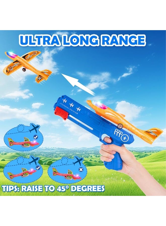 6 Pack LED Airplane Launcher Toys with 2 Launchers, 2 Flight Mode Glider Catapult Plane with Stickers, Flying Outdoor Toys for 3 4 5 6 7 8 9 10 11 12 Year Old Kids Boys Girls Birthday Gifts