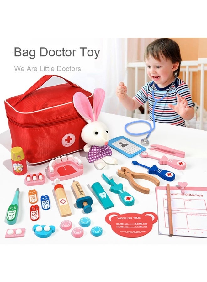 Wooden Pretend Play Doctor Set Educational Toys For Kids Simulation Medicine Chest Kit Dentist Nurse Games Medical Toys For Kids, Red