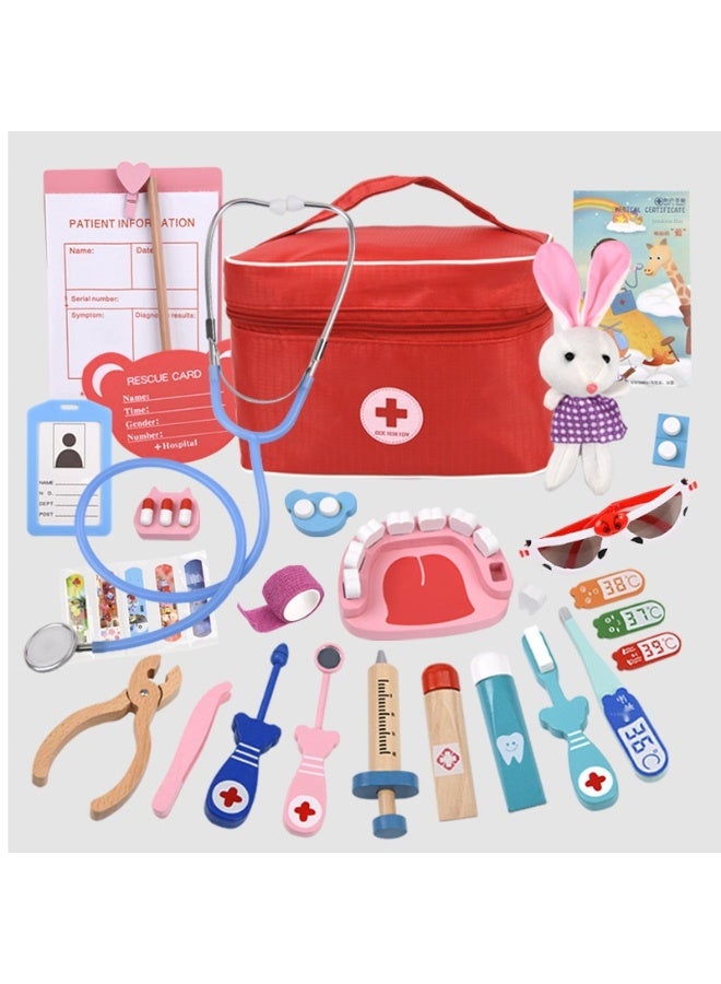 Wooden Pretend Play Doctor Set Educational Toys For Kids Simulation Medicine Chest Kit Dentist Nurse Games Medical Toys For Kids, Red