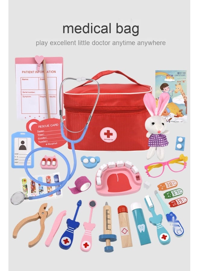 Wooden Pretend Play Doctor Set Educational Toys For Kids Simulation Medicine Chest Kit Dentist Nurse Games Medical Toys For Kids, Red