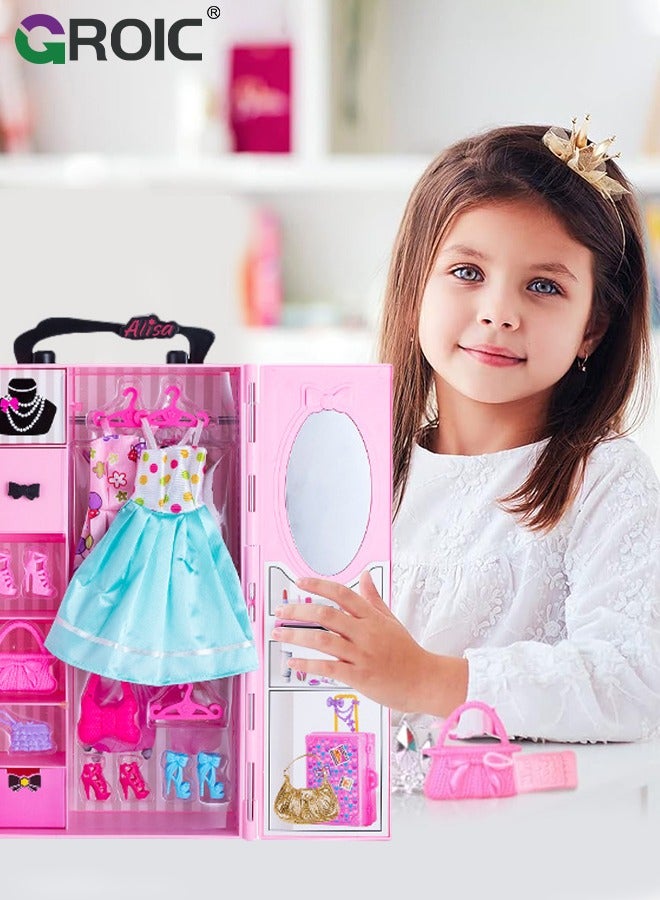 Doll Closet Wardrobe, Barbi Closet Girl Toys for Doll Clothes and Accessories Storage, Doll Clothes and Accessories Doll for Girls, Dress up Doll Toys Include Clothes Dresses, Shoes, Bags, Etc