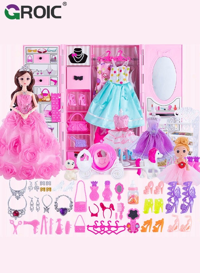 Doll Closet Wardrobe, Barbi Closet Girl Toys for Doll Clothes and Accessories Storage, Doll Clothes and Accessories Doll for Girls, Dress up Doll Toys Include Clothes Dresses, Shoes, Bags, Etc