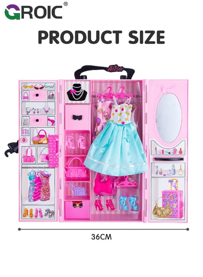 Doll Closet Wardrobe, Barbi Closet Girl Toys for Doll Clothes and Accessories Storage, Doll Clothes and Accessories Doll for Girls, Dress up Doll Toys Include Clothes Dresses, Shoes, Bags, Etc