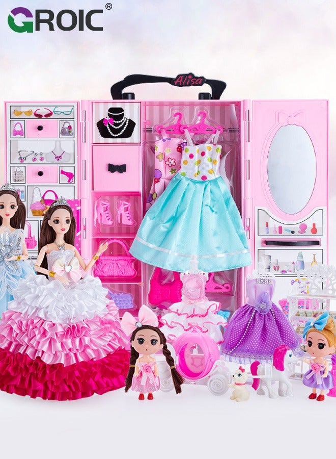 Doll Closet Wardrobe, Barbi Closet Girl Toys for Doll Clothes and Accessories Storage, Doll Clothes and Accessories Doll for Girls, Dress up Doll Toys Include Clothes Dresses, Shoes, Bags, Etc