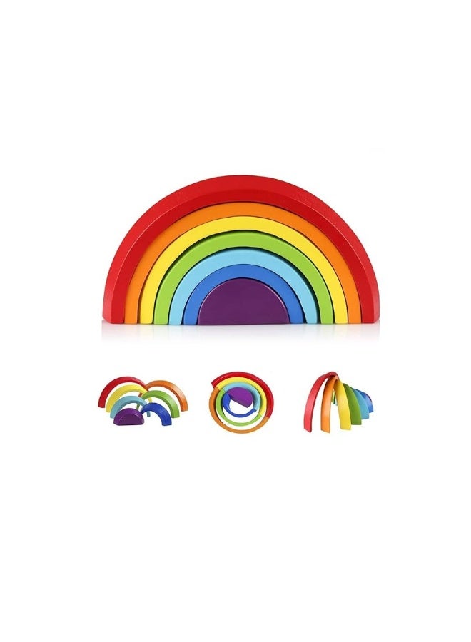 Coogam Wooden Rainbow Stacker Nesting Puzzle Blocks - Tunnel Stacking Game Building Creative Color Shape Matching Jigsaw Learning Toy Set Board Early Development Gift for Kids Boy Girl