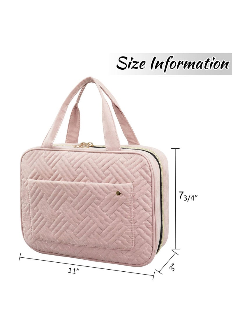 Hanging Toiletry Bag, 4 Compartments Large Travel Makeup Bag Waterproof, Portable Cosmetic Toiletries Storage, Pink Wash Bag for Women, Men