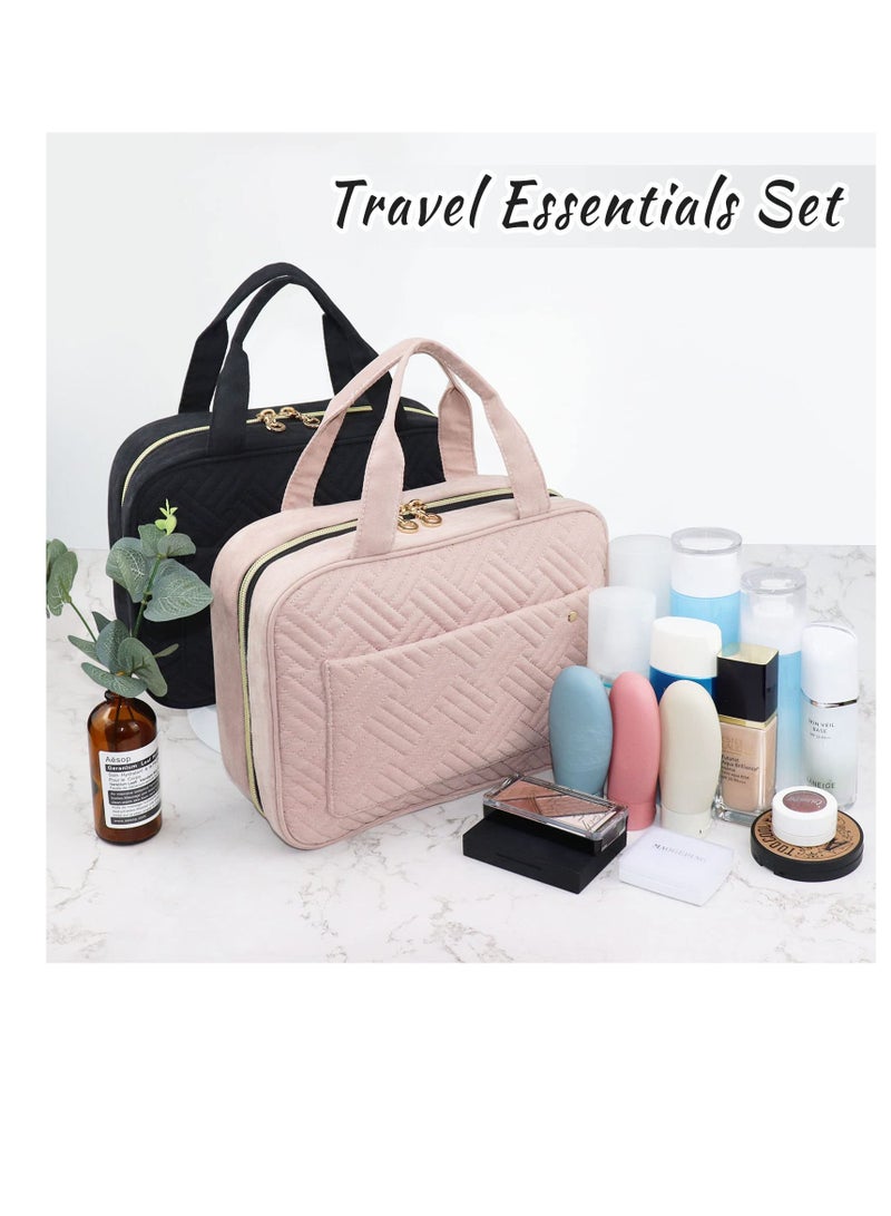 Hanging Toiletry Bag, 4 Compartments Large Travel Makeup Bag Waterproof, Portable Cosmetic Toiletries Storage, Pink Wash Bag for Women, Men