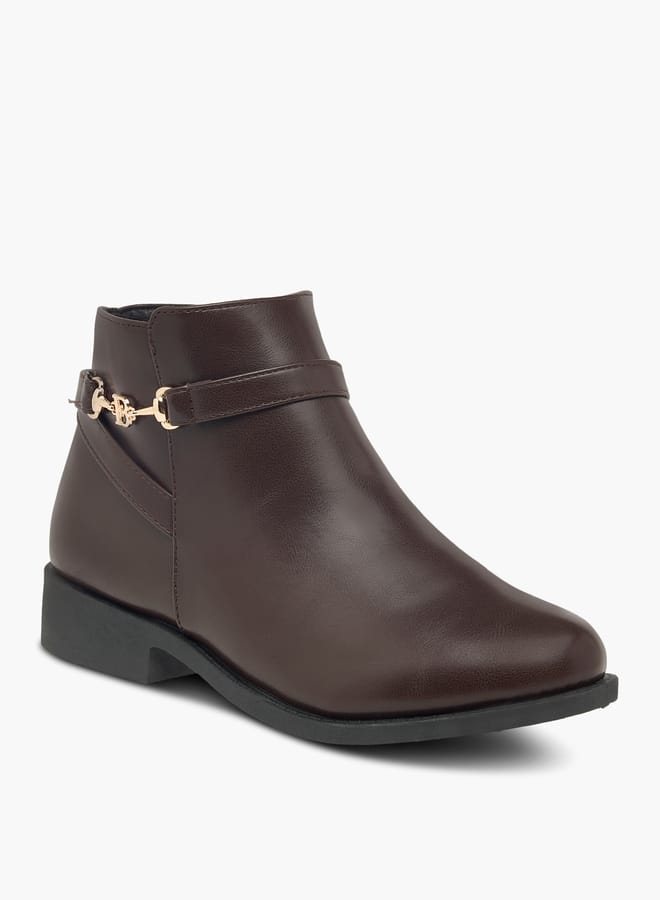 Women Textured Ankle Boots with Zip Closure and Metal Accent