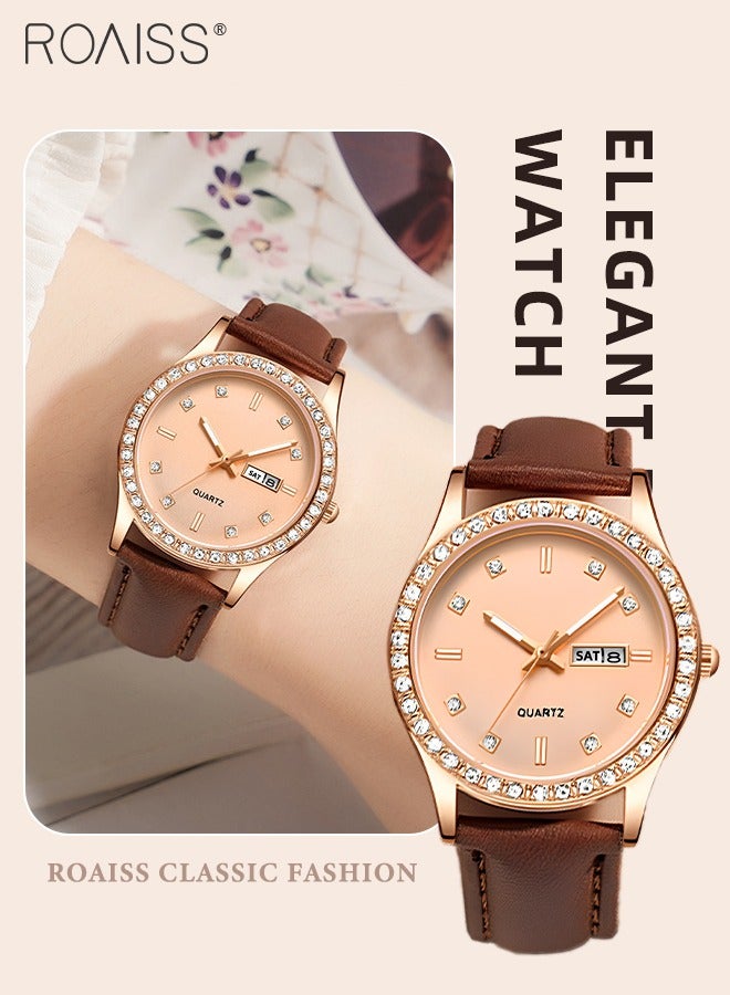 Women's Steel Leather Strap Quartz Watch, Analog Display Round Dial with Dual Calendar, Luminous Waterproof Luxurious Wristwatch as Gift for Ladies