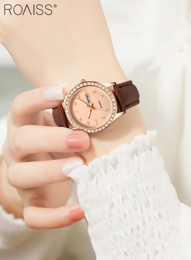 Women's Steel Leather Strap Quartz Watch, Analog Display Round Dial with Dual Calendar, Luminous Waterproof Luxurious Wristwatch as Gift for Ladies