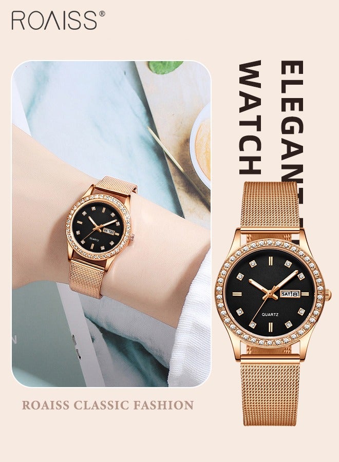 Women's Steel Mesh Strap Quartz Watch, Analog Display Round Dial with Dual Calendar, Luminous Waterproof Luxurious Wristwatch as Gift for Ladies