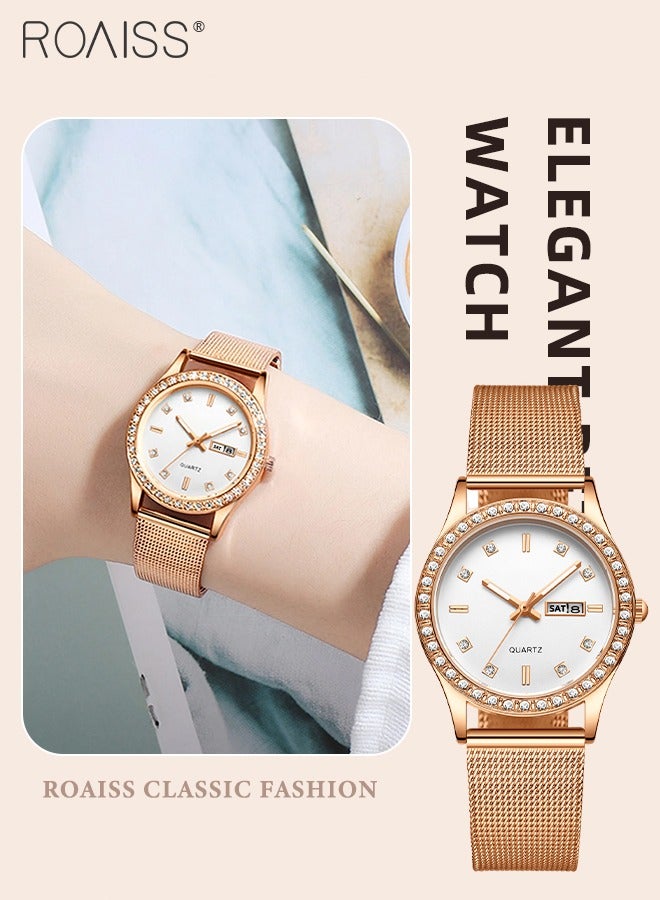 Women's Steel Mesh Strap Quartz Watch, Analog Display Round Dial with Dual Calendar, Luminous Waterproof Luxurious Wristwatch as Gift for Ladies