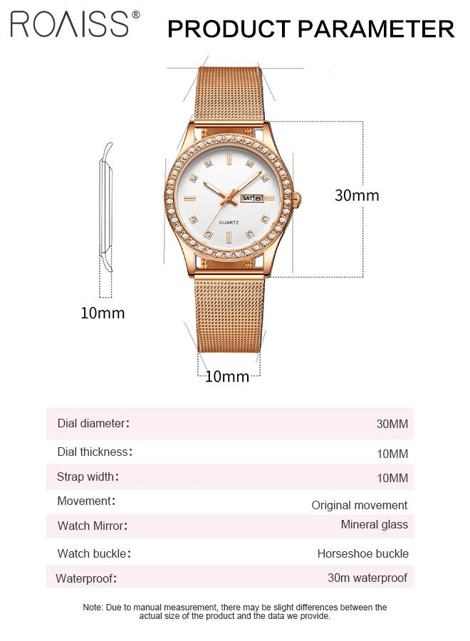 Women's Steel Mesh Strap Quartz Watch, Analog Display Round Dial with Dual Calendar, Luminous Waterproof Luxurious Wristwatch as Gift for Ladies