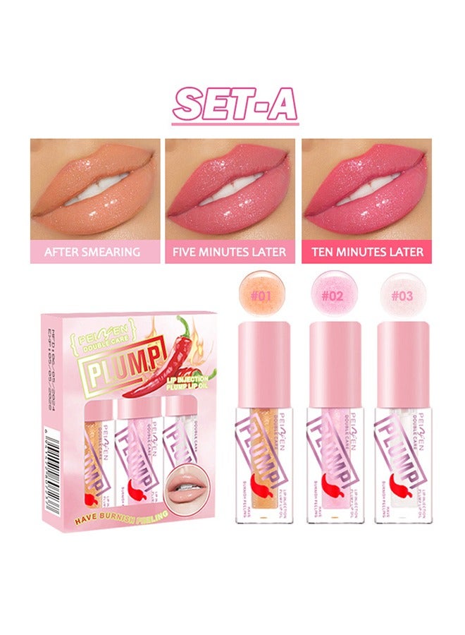 Plump Lip Oil Set-3P Transparent Lip Gloss, Lip Oil, Lip Balm, Lip Plumping Moisturizing, Mirror-like Lip Lacquer, Lip Color,Exquisite Gift For Girl