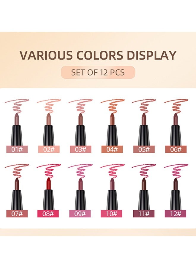 12 Colors Rotated Shape Lip Liner - Lip Liner Pencil Matte Waterproof Long Lasting Lipstick Lip Contour Makeup Lip Liner Set Full Color One Stroke Define Lip Liner 12Pcs