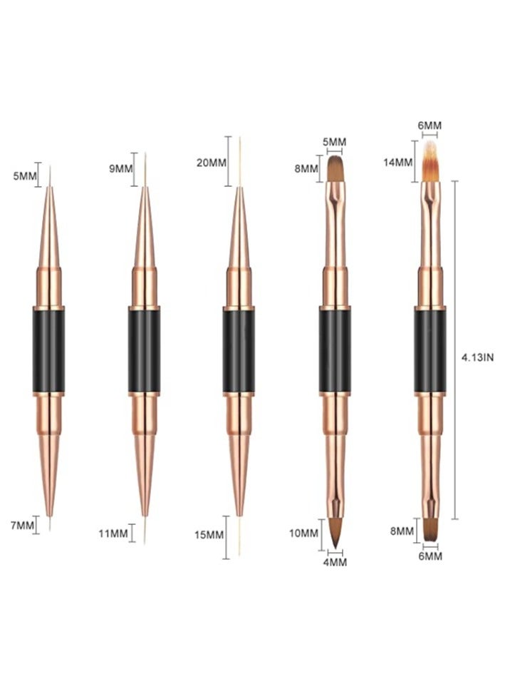 5pcs Double-Ended Acrylic Nail Art Brushes Set for Gel Polish Design, Liner Brush, and Dotting Pen for DIY Manicure at Home or Salon (Rose Gold)