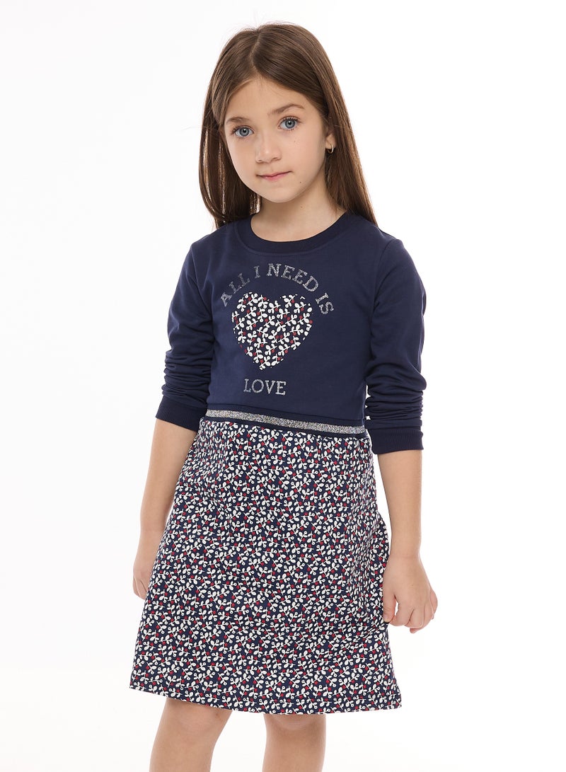 Floral Applique And Glitter Ribbed Printed Girls Dress