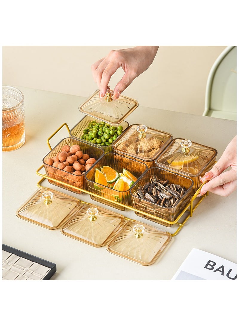 6 Pieces Snack Serving Tray with Lid,Multipurpose Light Luxury Fruits and Snack Storage Bowls,Divided Serving Dishes ,Clear Candy Nut Serving Container Set with Metal Rack Serving Bowls for Candy, Fruits, Nuts Portable Snack Platters Storage Box