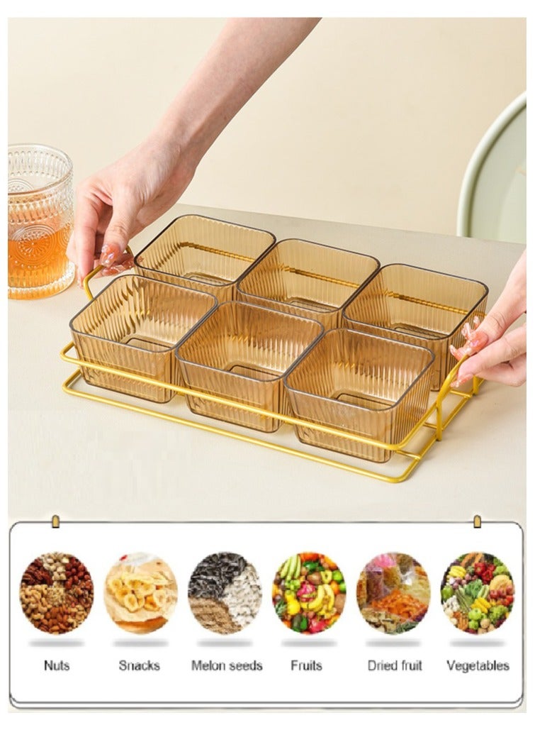 6 Pieces Snack Serving Tray with Lid,Multipurpose Light Luxury Fruits and Snack Storage Bowls,Divided Serving Dishes ,Clear Candy Nut Serving Container Set with Metal Rack Serving Bowls for Candy, Fruits, Nuts Portable Snack Platters Storage Box