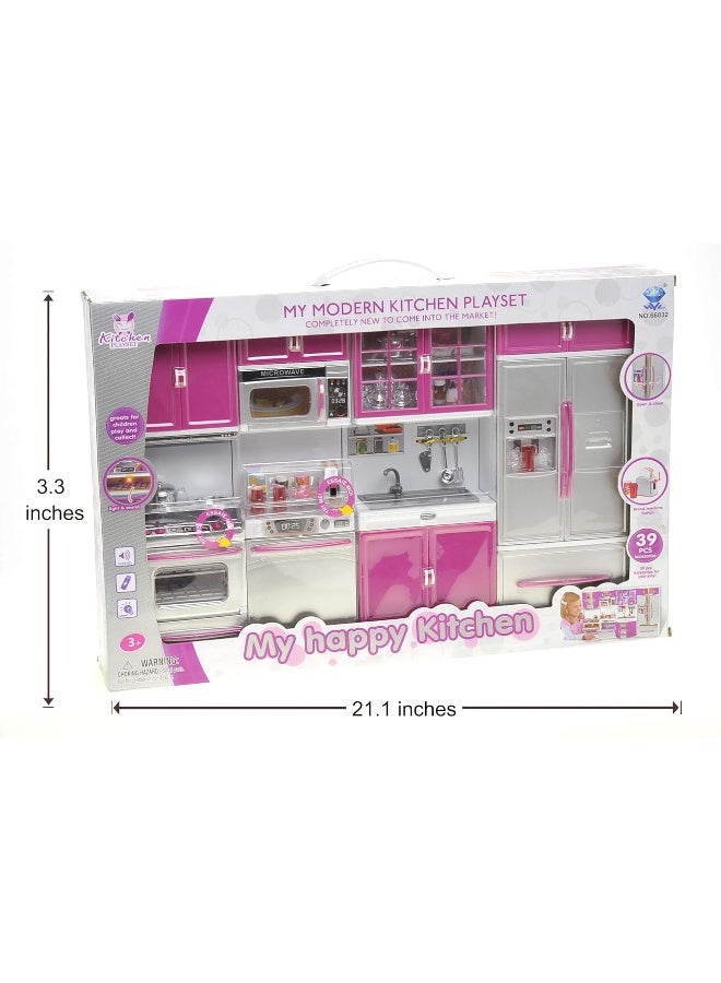 PowerTRC Doll Kitchen Play Set, Mini Modern Toy Kitchen Pretend Play Furnitures Toy Set Accessories Set with Realistic Light & Sound for Kids Toddlers Girls (4-in-1)