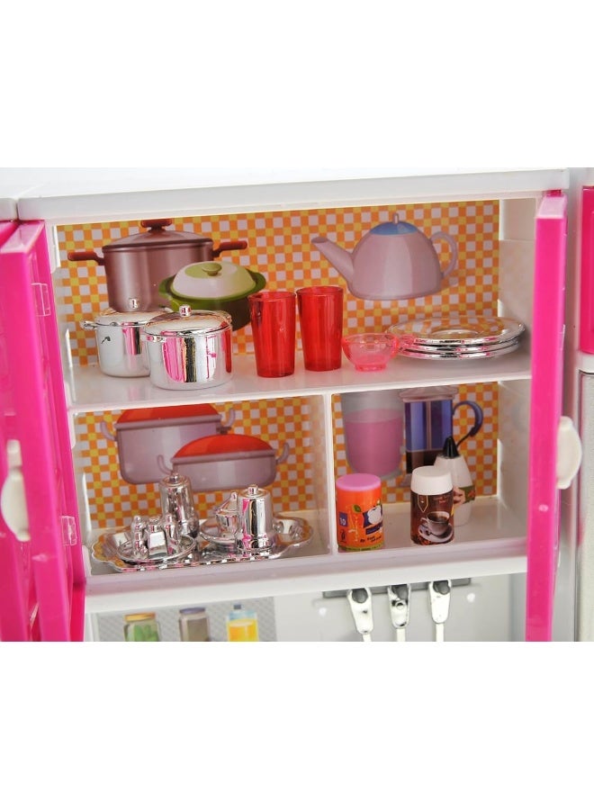 PowerTRC Doll Kitchen Play Set, Mini Modern Toy Kitchen Pretend Play Furnitures Toy Set Accessories Set with Realistic Light & Sound for Kids Toddlers Girls (4-in-1)