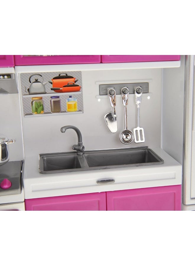 PowerTRC Doll Kitchen Play Set, Mini Modern Toy Kitchen Pretend Play Furnitures Toy Set Accessories Set with Realistic Light & Sound for Kids Toddlers Girls (4-in-1)