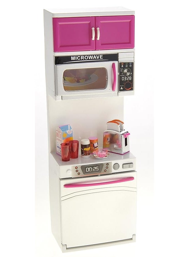 PowerTRC Doll Kitchen Play Set, Mini Modern Toy Kitchen Pretend Play Furnitures Toy Set Accessories Set with Realistic Light & Sound for Kids Toddlers Girls (4-in-1)
