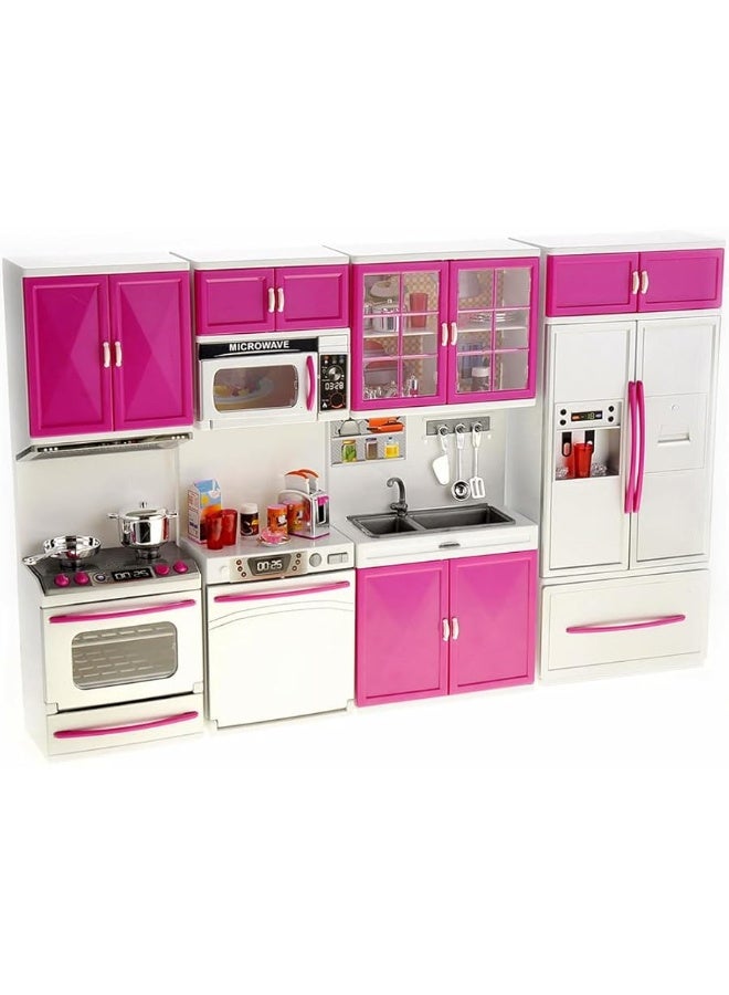 PowerTRC Doll Kitchen Play Set, Mini Modern Toy Kitchen Pretend Play Furnitures Toy Set Accessories Set with Realistic Light & Sound for Kids Toddlers Girls (4-in-1)