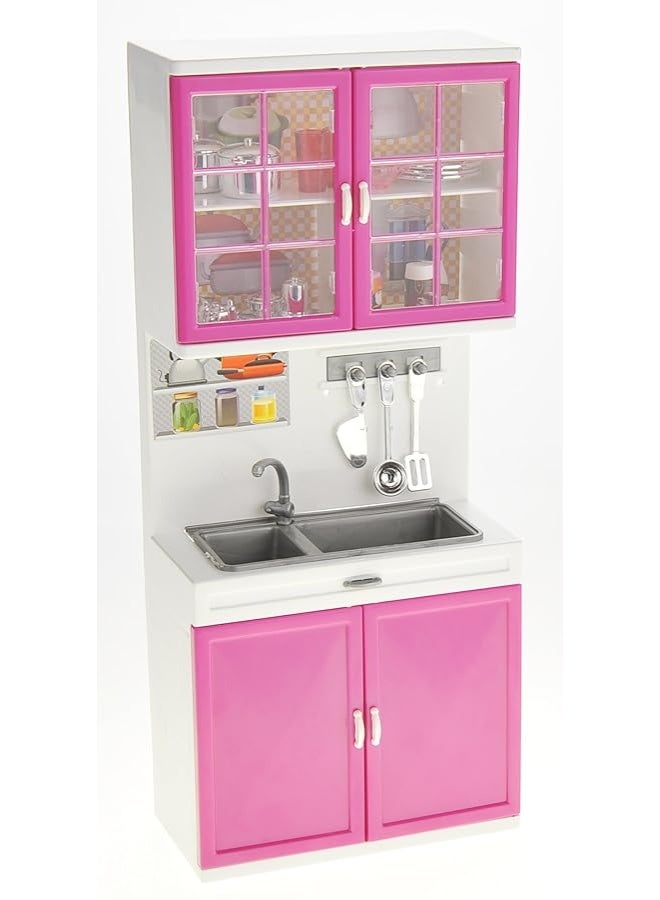 PowerTRC Doll Kitchen Play Set, Mini Modern Toy Kitchen Pretend Play Furnitures Toy Set Accessories Set with Realistic Light & Sound for Kids Toddlers Girls (4-in-1)