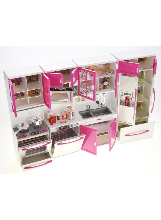 PowerTRC Doll Kitchen Play Set, Mini Modern Toy Kitchen Pretend Play Furnitures Toy Set Accessories Set with Realistic Light & Sound for Kids Toddlers Girls (4-in-1)