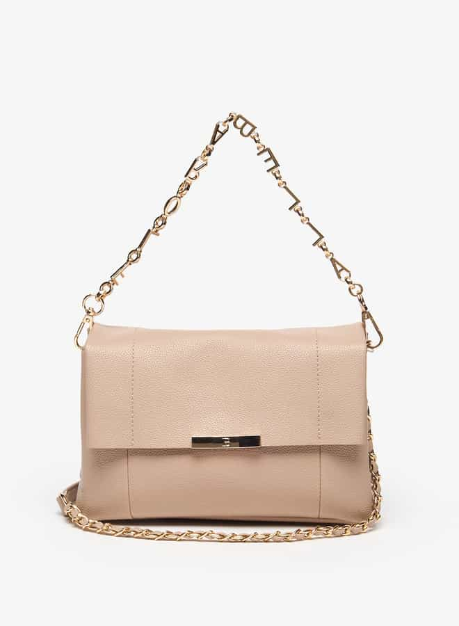 Women Textured Satchel Bag with Detachable Chain Straps and Flap Closure