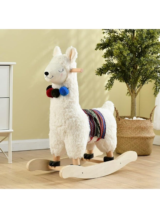 labebe - Baby Rocking Horse Wooden, Plush Stuffed Rocking Animals White, Kid Ride on Toys for 1-3 Years Old, Llama Rocking Horse for Girl&Boy, Toddler/Infant Rocker for Nursery, Kid Riding Toys/Horse