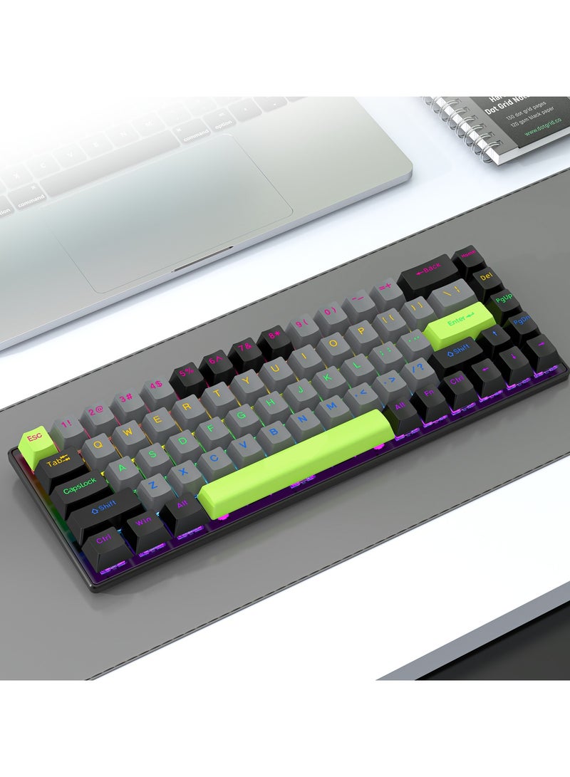 RGB Gaming Keyboard, Wired 68-Key Mechanical Keyboard, Detachable USB-C Cable, Support Win/Mac OS Black/Green