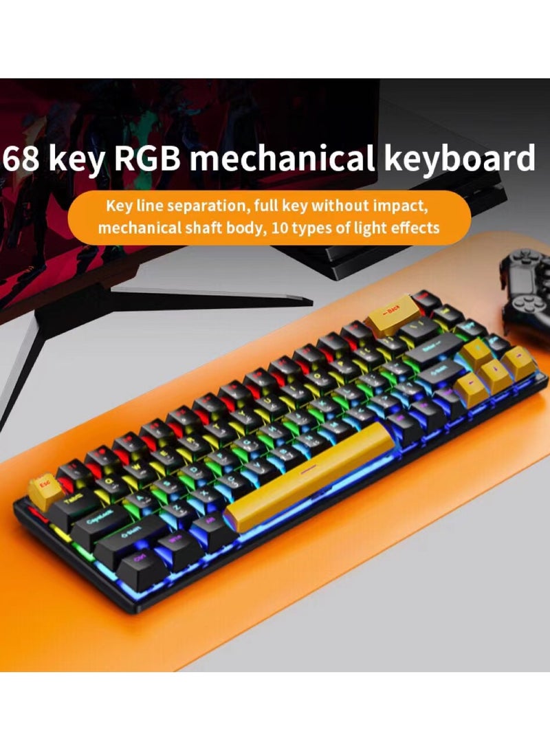 Arabic English Portable Wired 68-Keys RGB 60% mechanical Gaming Keyboard With Detachable Type-C Cable  Black and yellow