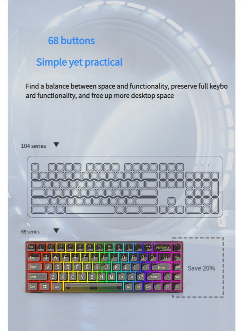 65% Wired RGB Transparent Gaming Keyboard, 68-key Compact Fully Transparent Mechanical Keyboard with Translucent Plate, Custom Linear Switches, Support Win/Linux and Mac OS Black