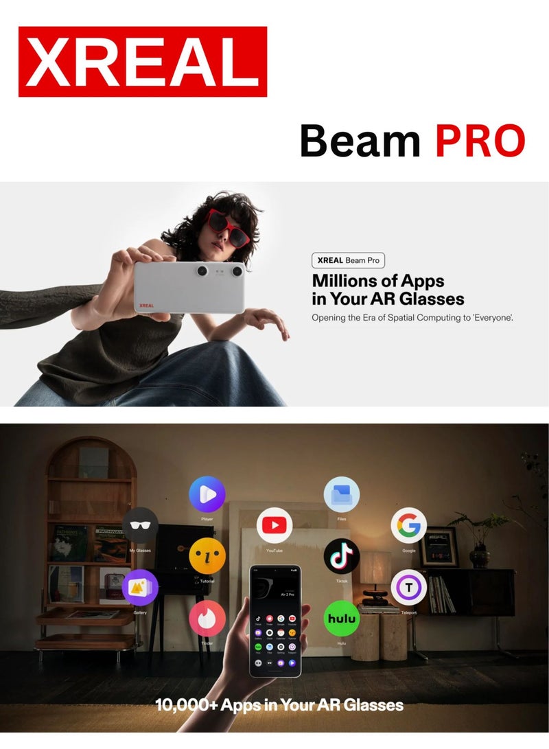 XREAL Beam Pro, The AR Glasses Spatial Computing Companion, 3D Cameras, Android 14, Supports All Google Play Store apps, Multiple Spatial Experiences for Movies, TV and Gaming, FHD 1080p (8G+256G)
