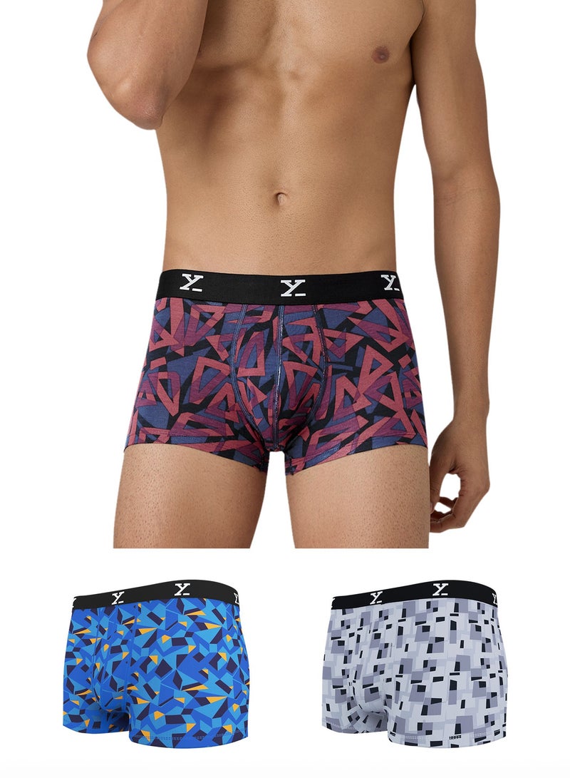 Pack of 3 Men's Shuffle Micromodal Regular Fit Printed Antimicrobial Trunks