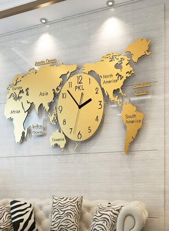 World Map Wall Clock Modern 3D Design Ultra Quiet Material Acrylic Golden