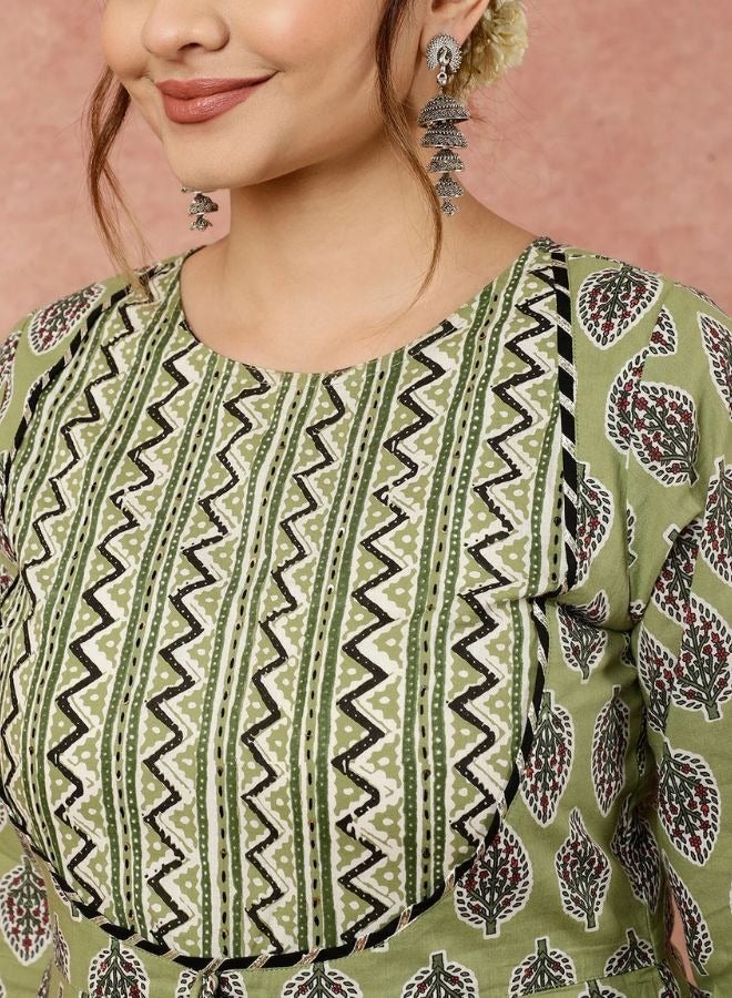 Olive Green Leaf and Chevron Print Flared Kurta Set