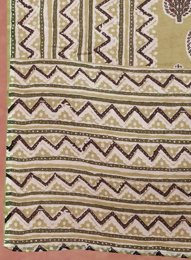 Olive Green Leaf and Chevron Print Flared Kurta Set