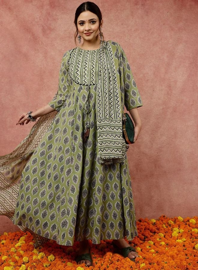 Olive Green Leaf and Chevron Print Flared Kurta Set