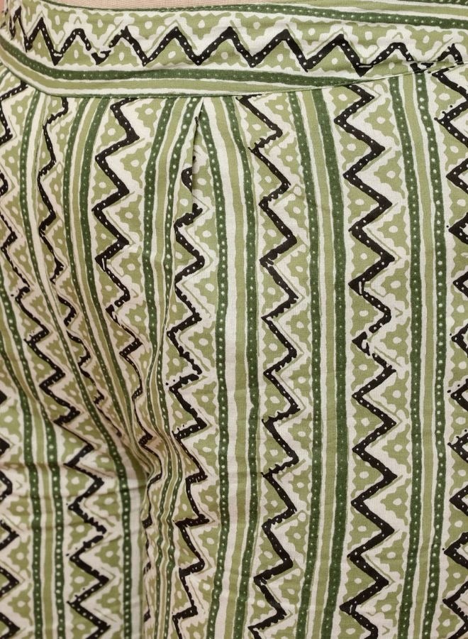 Olive Green Leaf and Chevron Print Flared Kurta Set