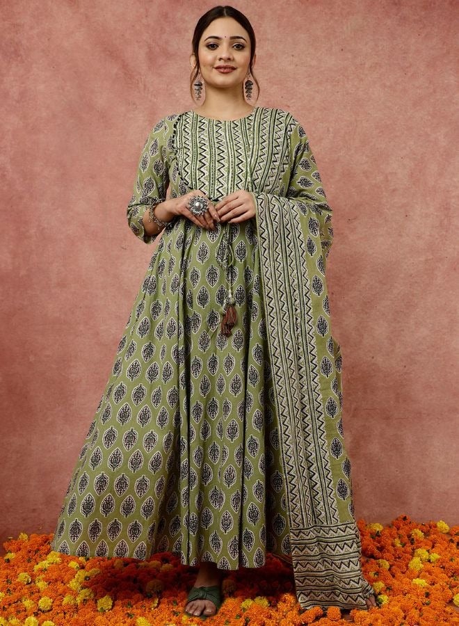 Olive Green Leaf and Chevron Print Flared Kurta Set