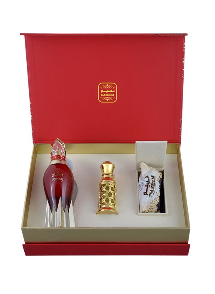 Ritaaj Luxurious Perfume Gift Set (3-Piece Collection) – (Perfume, Premium Oil and Bakhoor) - Captivating Scents for Special Occasions