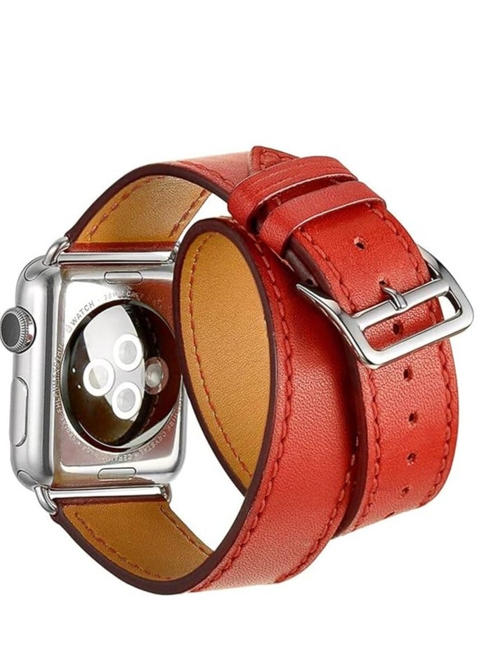 PU Leather Band For Apple Watch Series 10 9 8 7 6 5 4 SE , 38/40/41/42mm Double Tour Replacement Leather Smartwatcg Strap- Red