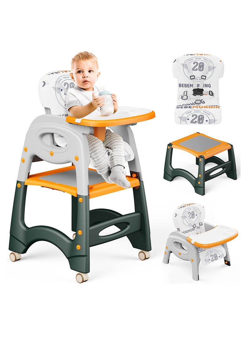 Baby High Chair, Portable High Chair with Adjustable Heigh and Recline, Foldable High Chair for Babies and Toddler with 4 Wheels, High Chair for Toddlers with Removable Tray