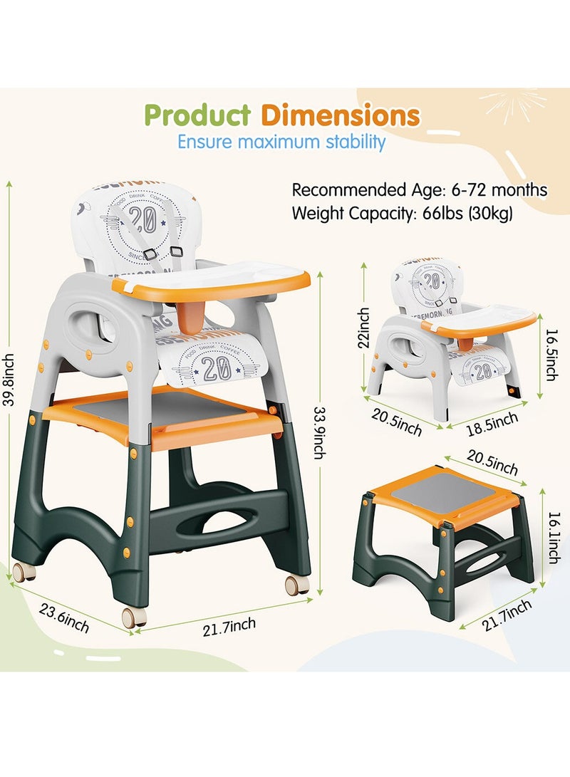 Baby High Chair, Portable High Chair with Adjustable Heigh and Recline, Foldable High Chair for Babies and Toddler with 4 Wheels, High Chair for Toddlers with Removable Tray