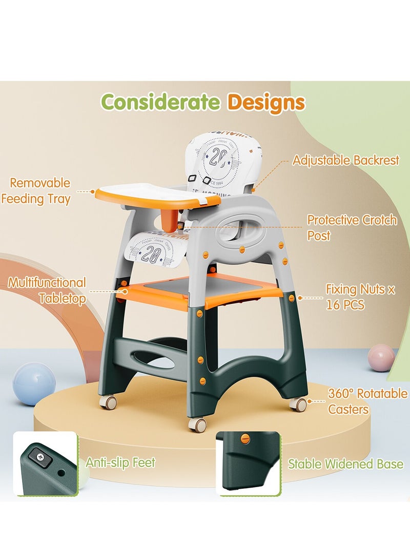 Baby High Chair, Portable High Chair with Adjustable Heigh and Recline, Foldable High Chair for Babies and Toddler with 4 Wheels, High Chair for Toddlers with Removable Tray