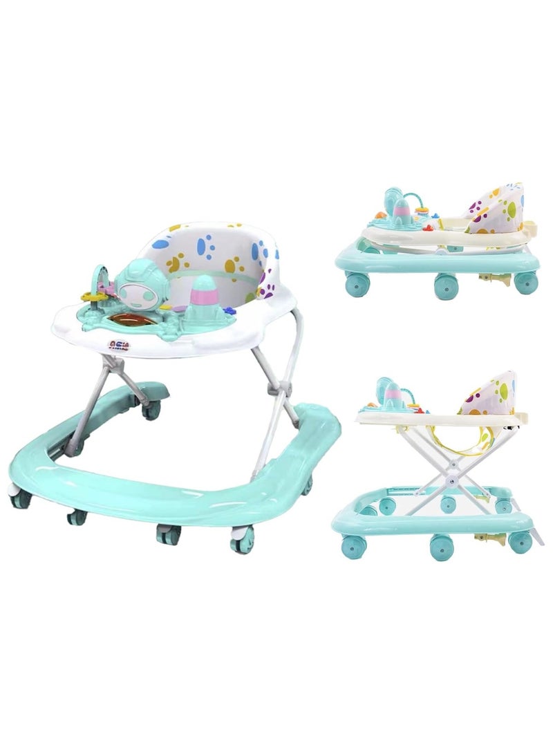 Music and Light Baby Walker Foldable Height Adjustable Baby Walker with Wheels Infant Walker Anti-Fall Baby Walker for 6-18 Months Boys and Girls (Green)